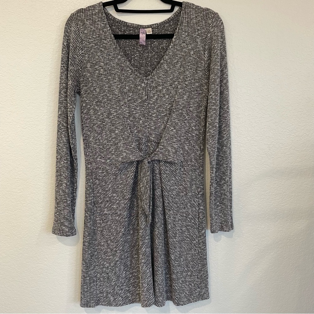 ALYA Cozy Jersey Knotted Wrap Mini Dress Gray